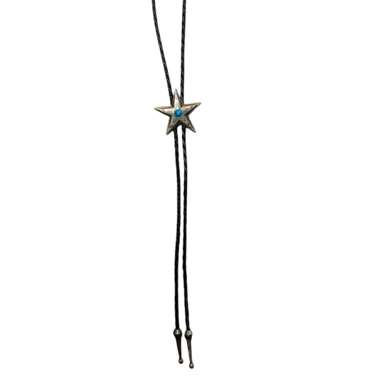 Western Bolo Tie (0013) - Silver Star w/ Turquoise Stone