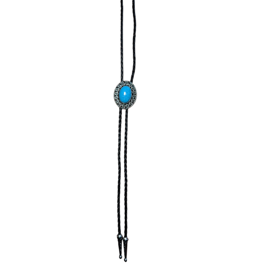 Western Bolo Tie (0024) - Silver w/ Blue Stone