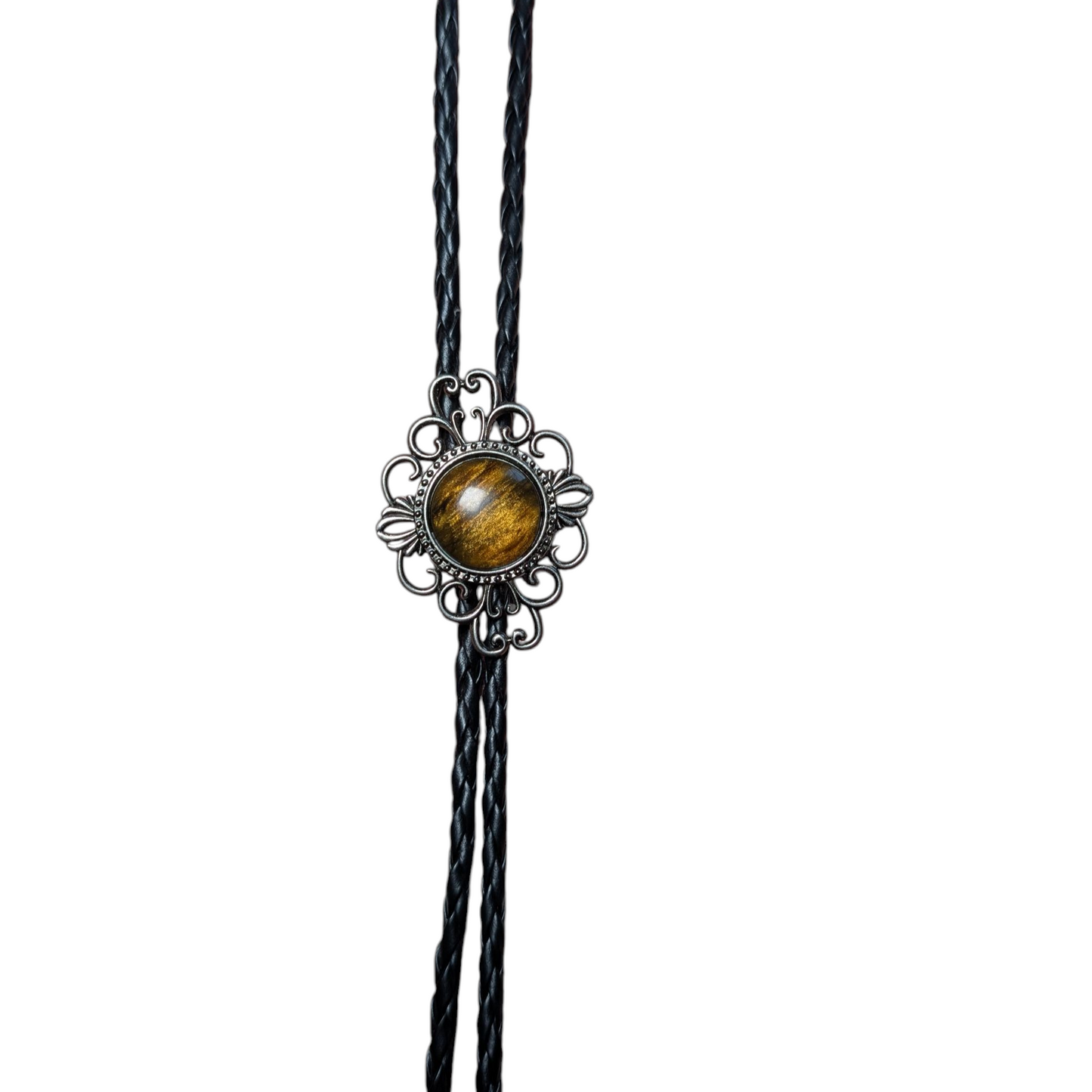 Western Bolo Tie (0025) - Silver w/ Golden Brown Stone