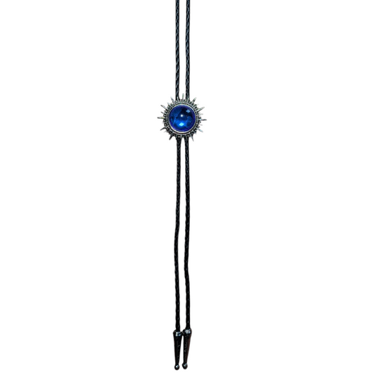 Western Bolo Tie (0026) - Silver w/ Dark Blue Stone