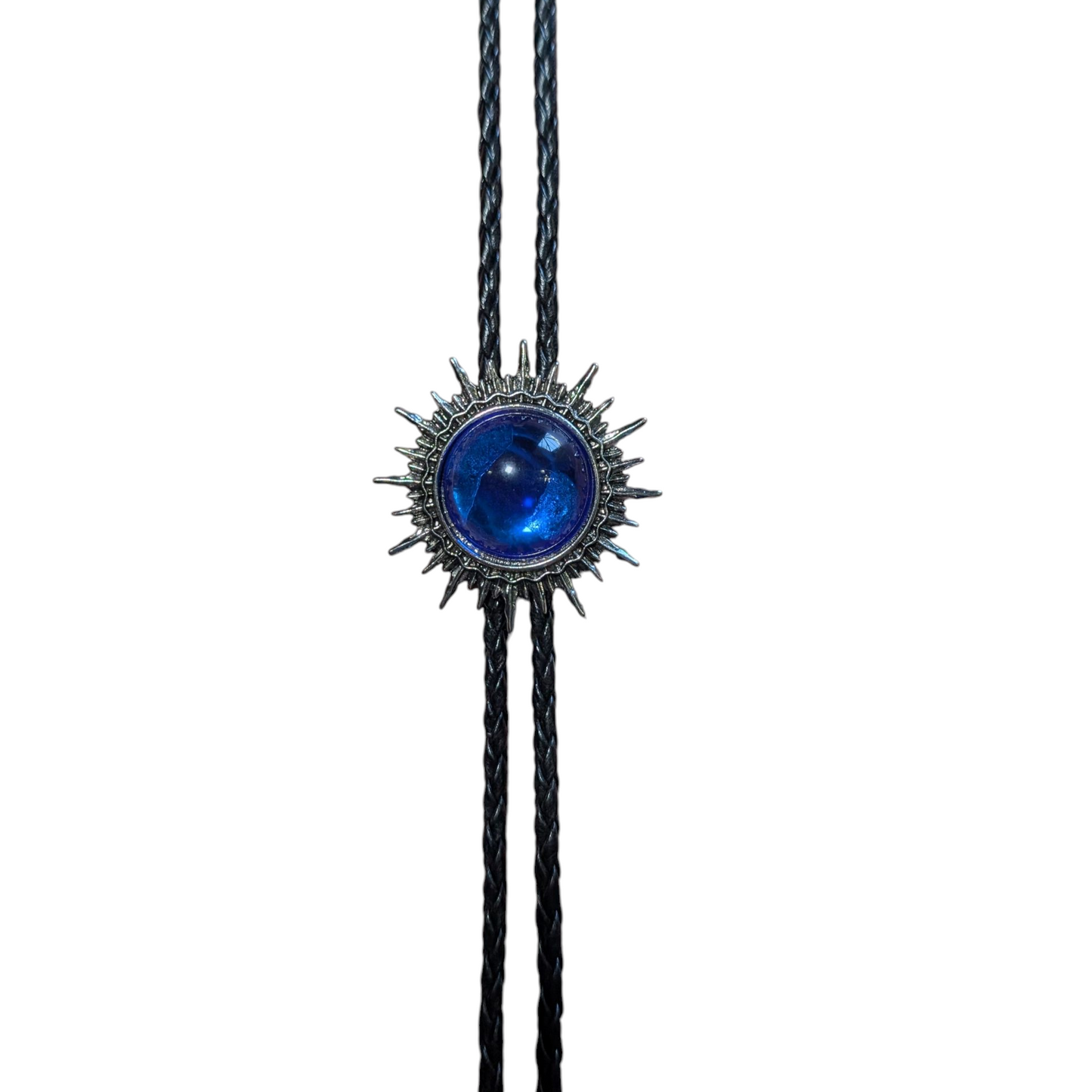 Western Bolo Tie (0026) - Silver w/ Dark Blue Stone