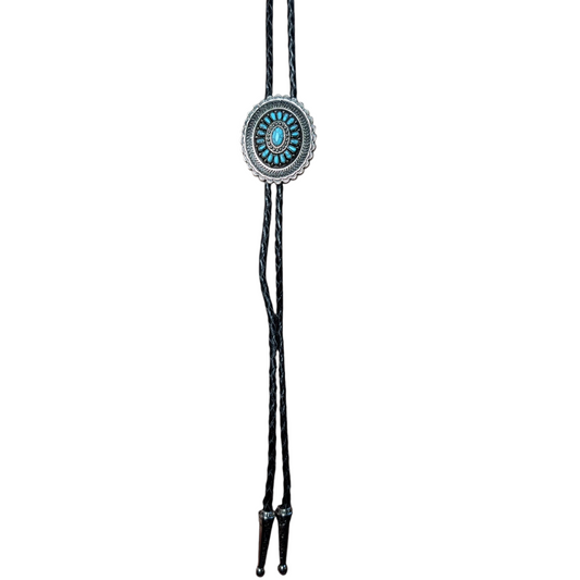Western Bolo Tie (0027) - Silver w/ Blue Stones