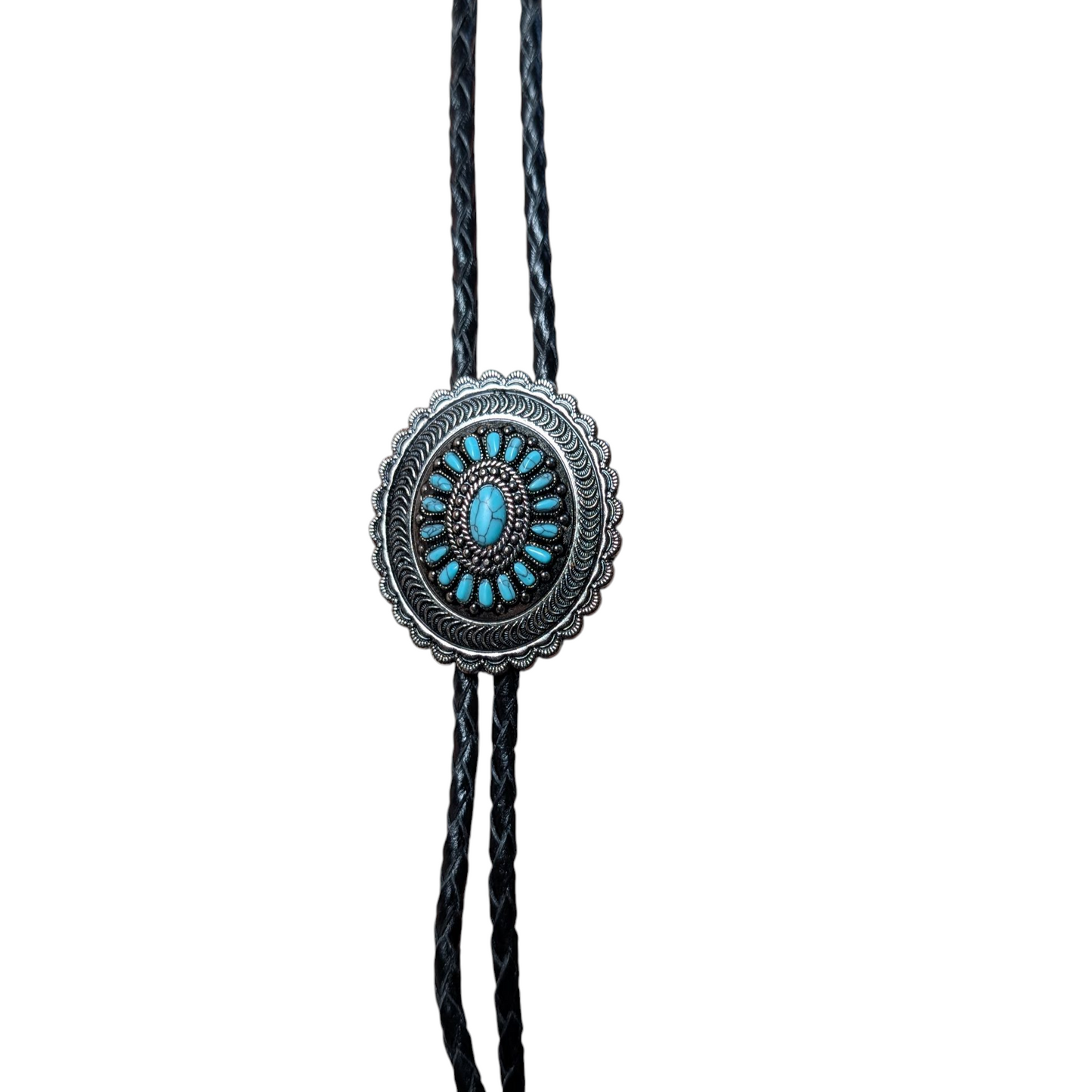 Western Bolo Tie (0027) - Silver w/ Blue Stones
