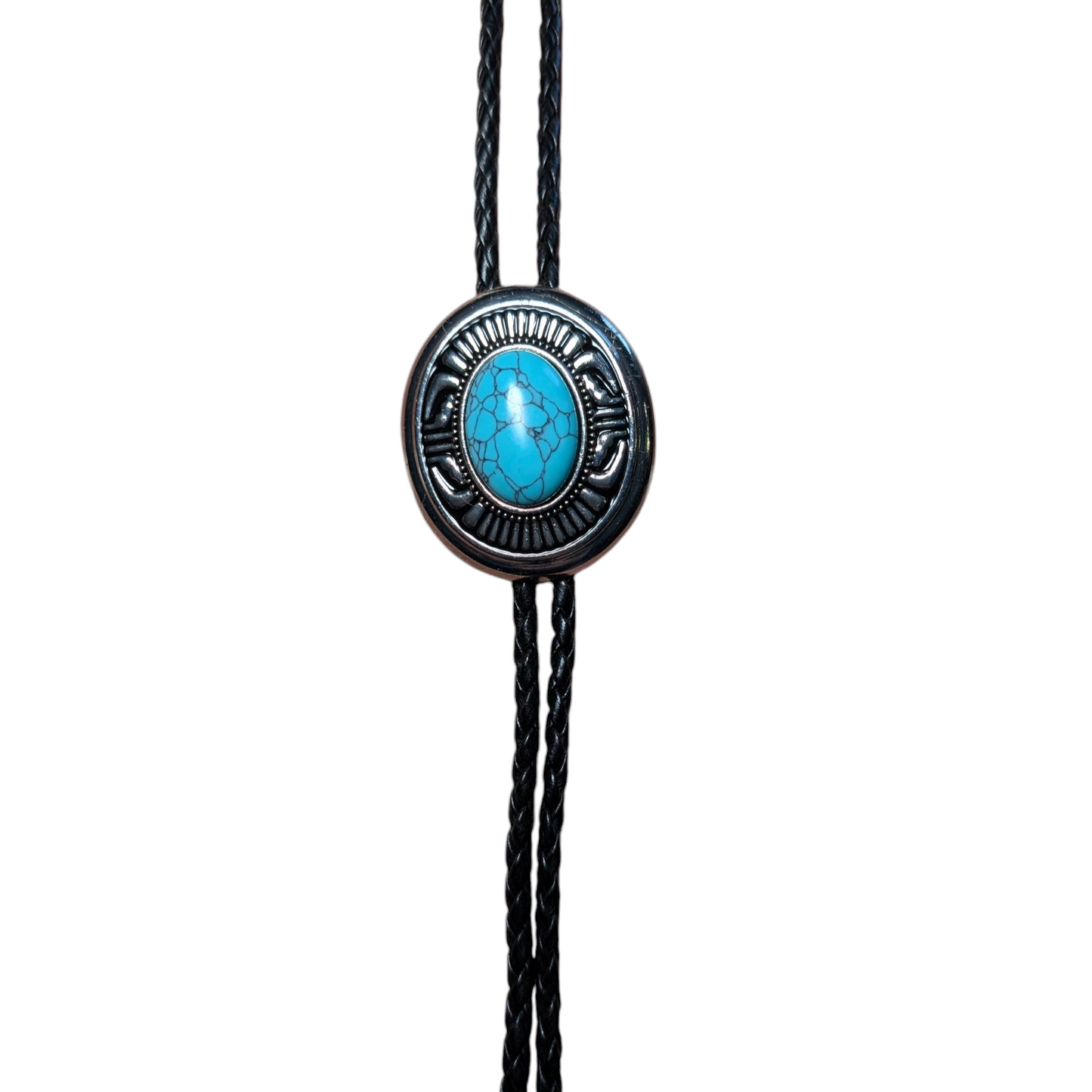 Western Bolo Tie (0037) - Silver w/ Blue 'cracked' Stone