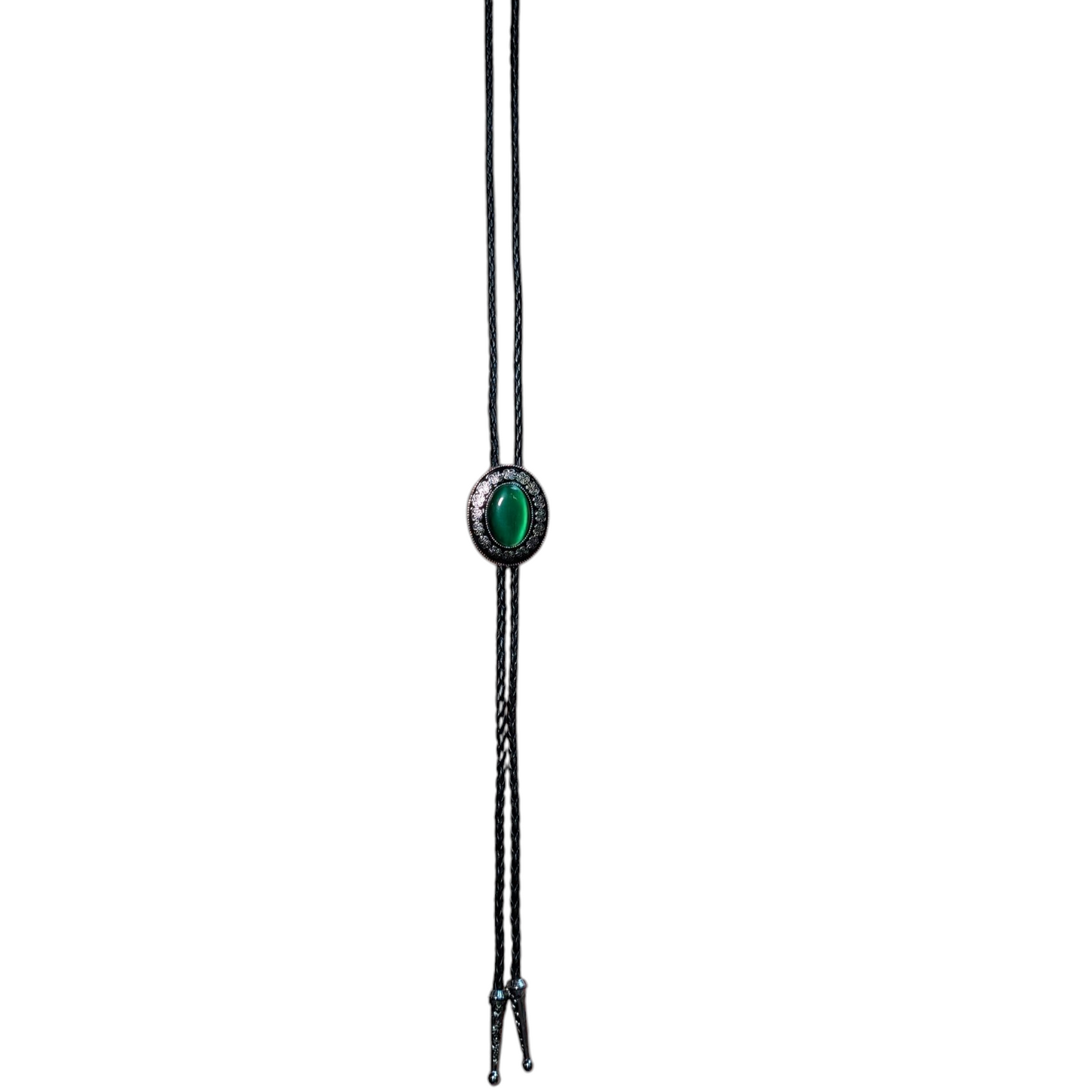 Western Bolo Tie (0028) - Silver Oval w/ Green Stone