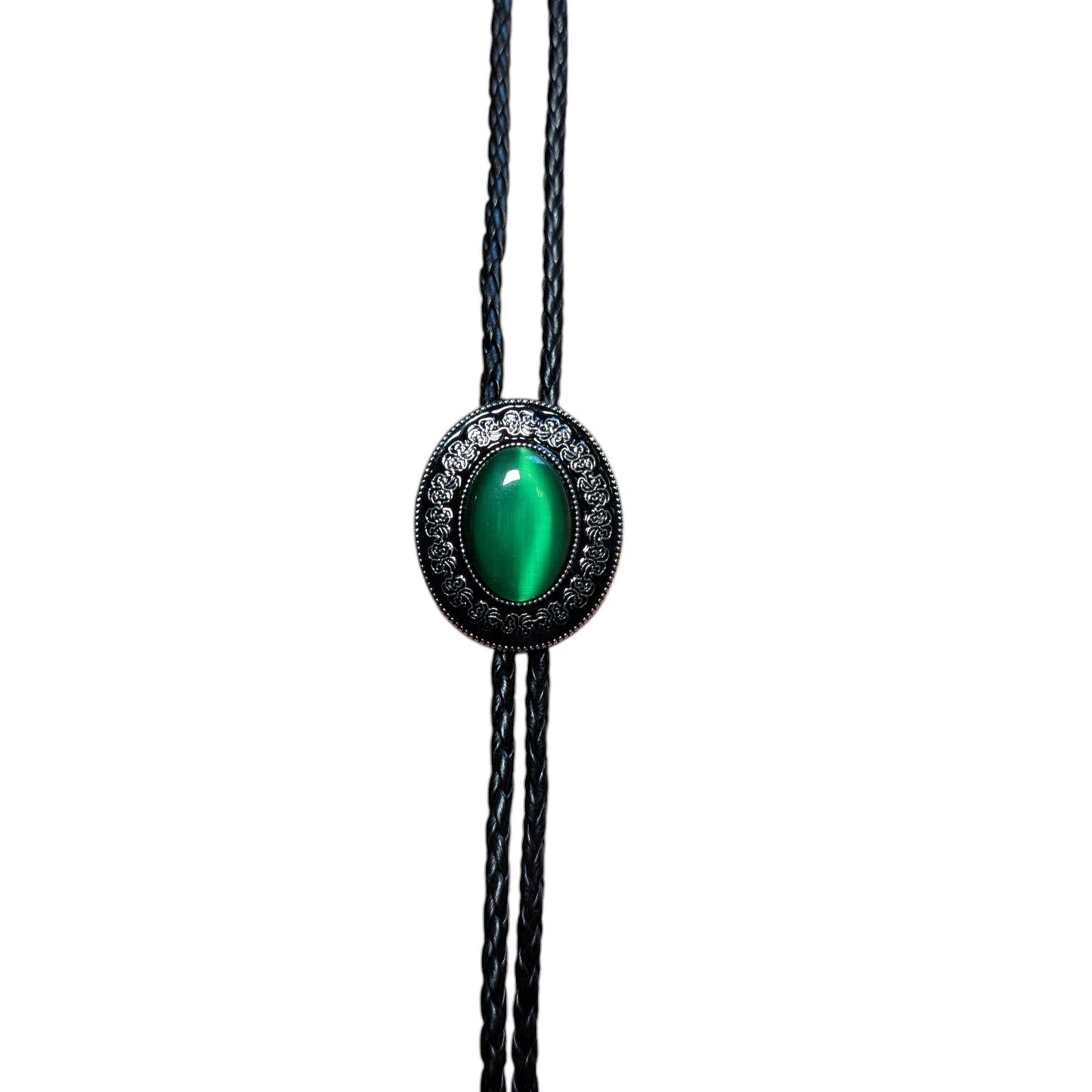 Western Bolo Tie (0028) - Silver Oval w/ Green Stone
