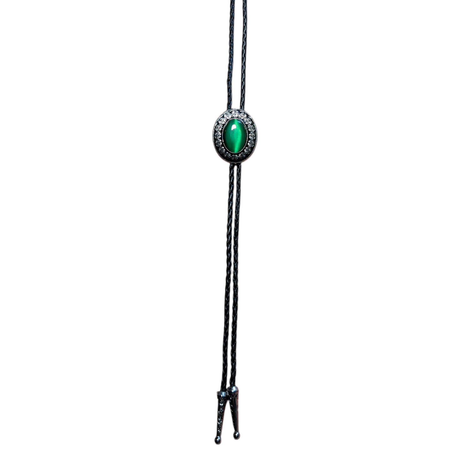 Western Bolo Tie (0028) - Silver Oval w/ Green Stone