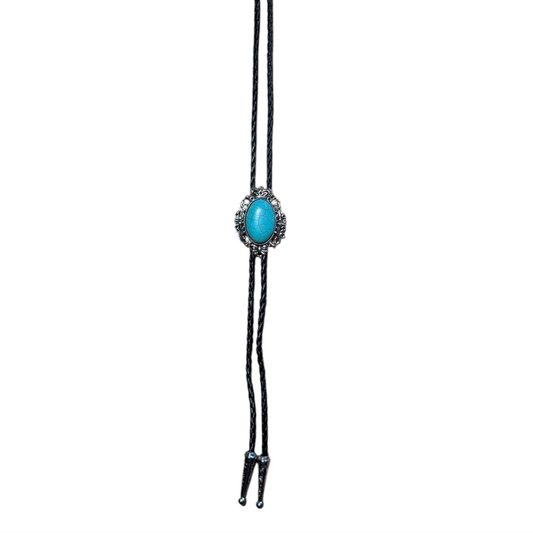 Western Bolo Tie (0029) - Silver w/ Blue 'cracked' Stone