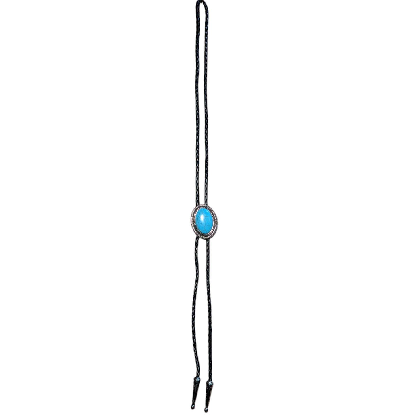 Western Bolo Tie (0034) - Silver Oval w/ 'cracked' Blue Stone