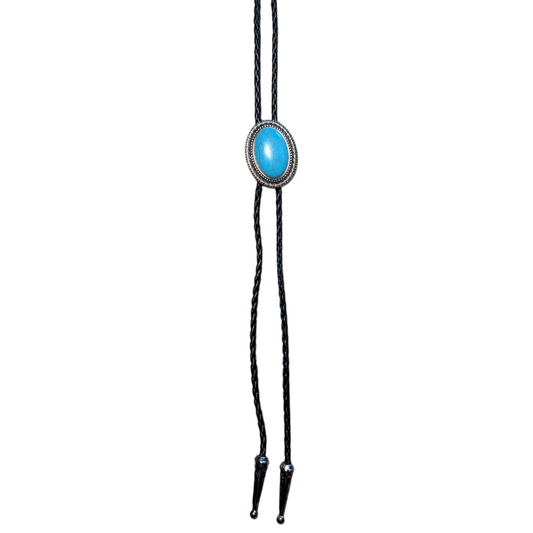 Western Bolo Tie (0034) - Silver Oval w/ 'cracked' Blue Stone