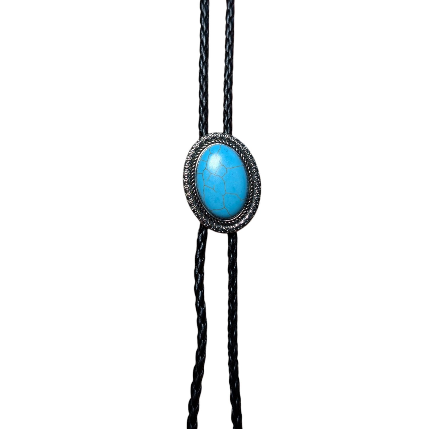 Western Bolo Tie (0034) - Silver Oval w/ 'cracked' Blue Stone