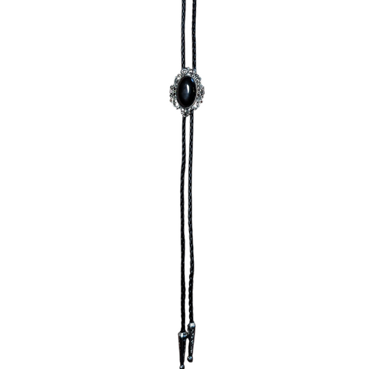 Western Bolo Tie (0030) - Silver w/ Black Stone