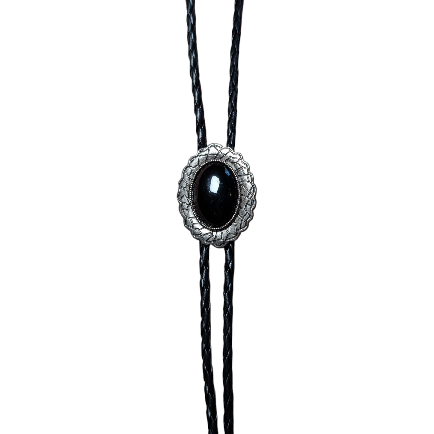 Western Bolo Tie (0033) - Silver Oval w/ Black Stone
