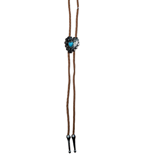 Western Bolo Tie (0040) - Silver Heart w/ Blue 'cracked' Stone