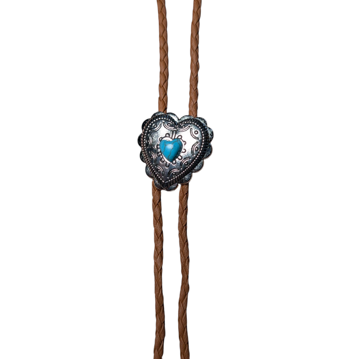 Western Bolo Tie (0040) - Silver Heart w/ Blue 'cracked' Stone