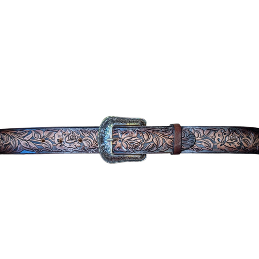 Western Leather Belt (0013) - Brown Engraved Floral
