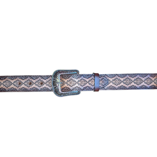 Western Leather Belt (0014) - Brown Engraved Leather