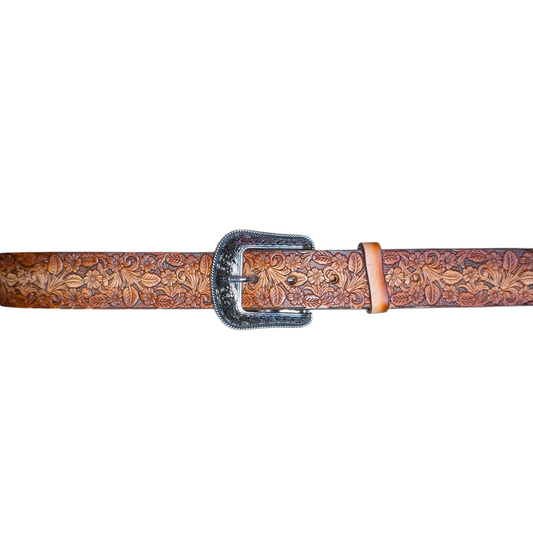 Western Leather Belt (0011) - Burnt Orange w/ Engraved Floral Details