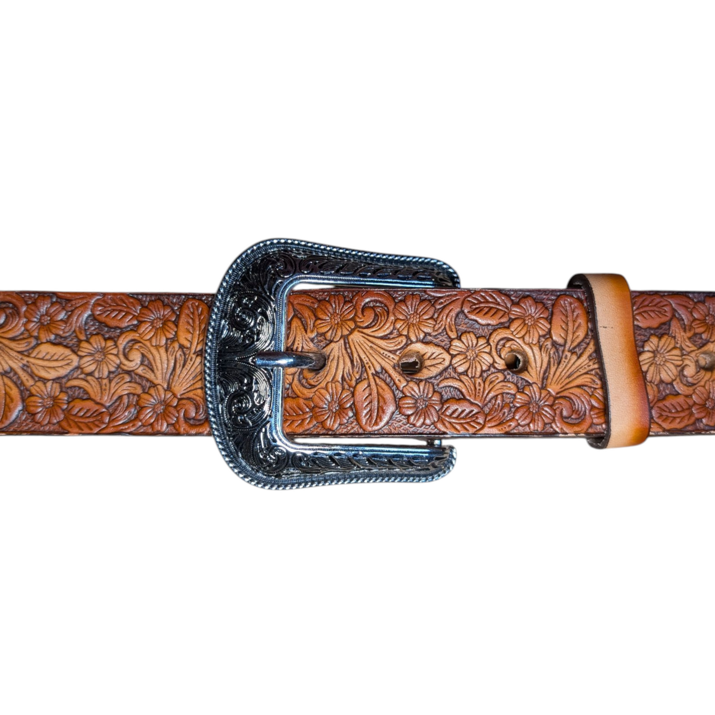 Western Leather Belt (0011) - Burnt Orange w/ Engraved Floral Details