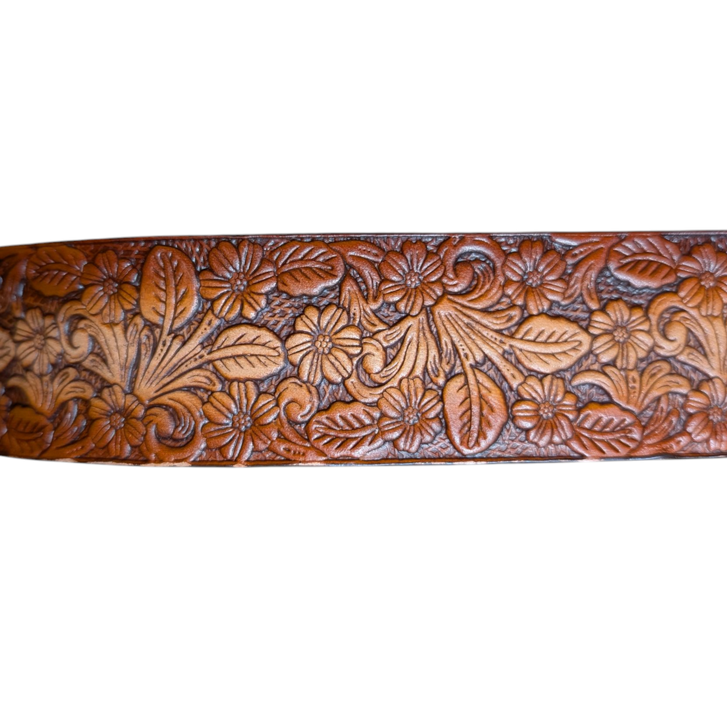 Western Leather Belt (0011) - Burnt Orange w/ Engraved Floral Details