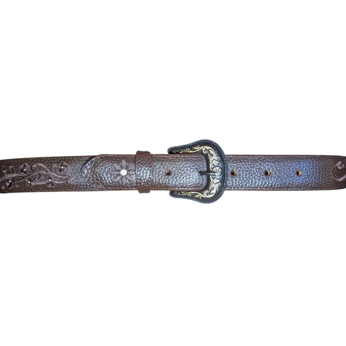 Western Leather Belt (0021) - Dark Brown Engraved Floral w/ Engraved Buckle