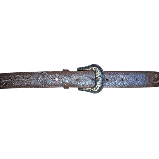 Western Leather Belt (0021) - Dark Brown Engraved Floral w/ Engraved Buckle