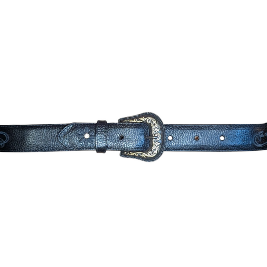 Western Leather Belt (0020) - Black Floral Stitching w/ Engraved Buckle