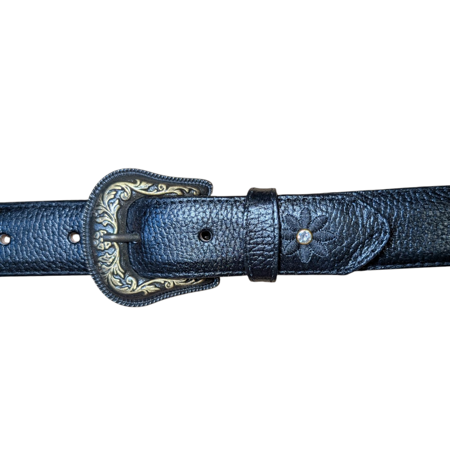 Western Leather Belt (0020) - Black Floral Stitching w/ Engraved Buckle