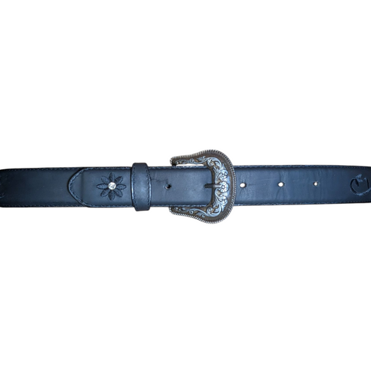 Western Leather Belt (0019) - Matte Black Floral Stitching w/ Engraved Buckle