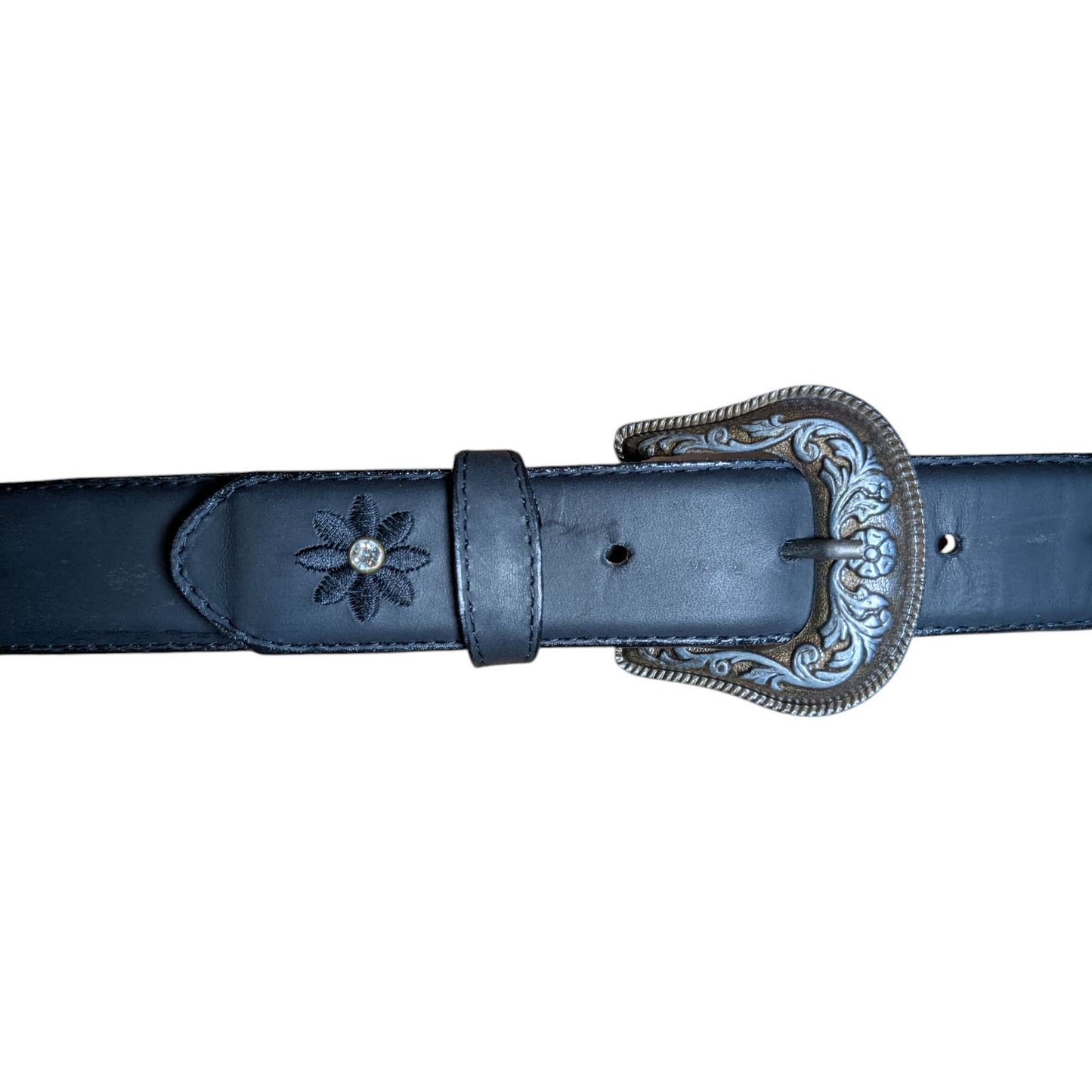 Western Leather Belt (0019) - Matte Black Floral Stitching w/ Engraved Buckle
