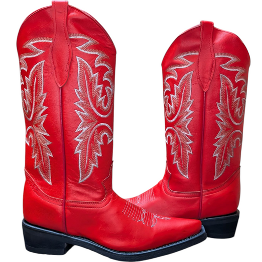 Women's Cowboy Boots (0081) - 14.5" Vibrant Red Leather Pointy Toe w/ Western Stitching