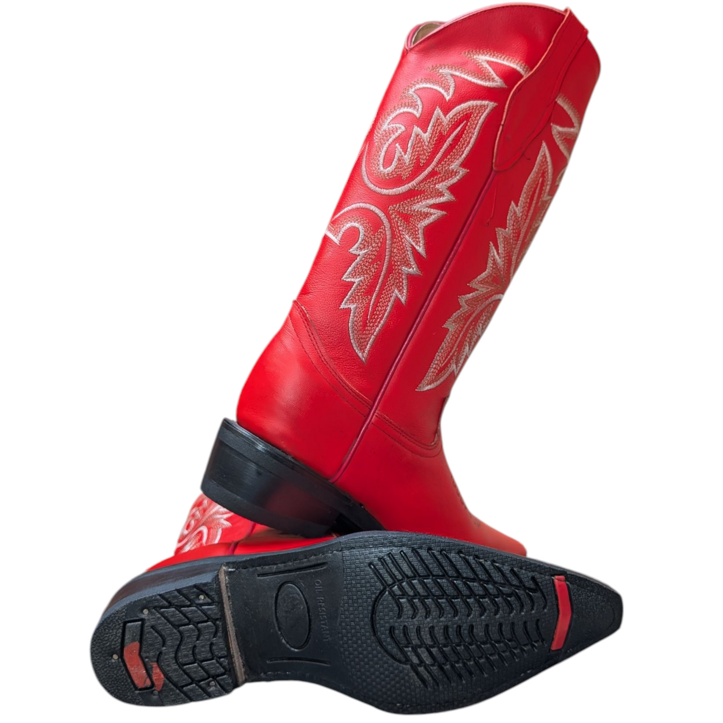 Women's Cowboy Boots (0081) - 14.5" Vibrant Red Leather Pointy Toe w/ Western Stitching