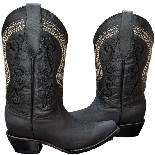 Women's Cowboy Boots (0083) - 13" Black Leather w/ Cream Western Stitching and Snip Toe