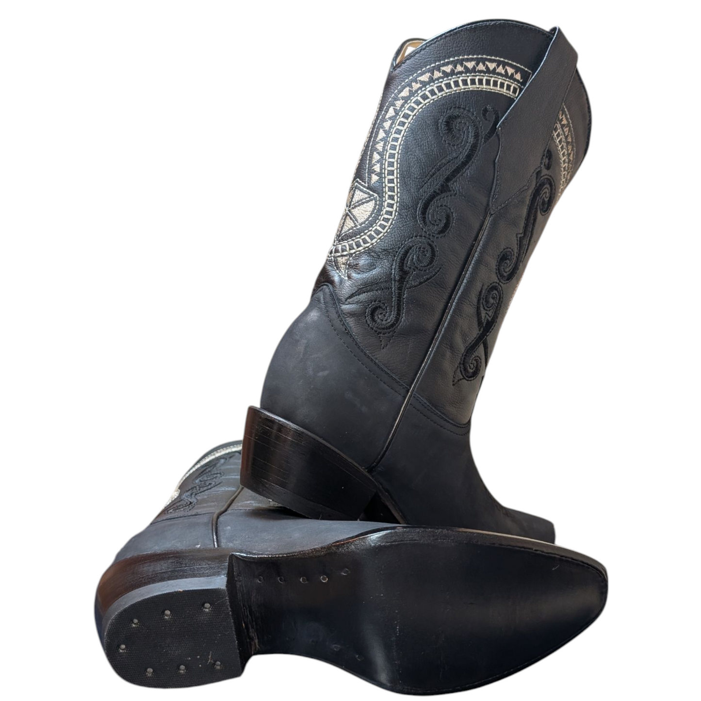 Women's Cowboy Boots (0083) - 13" Black Leather w/ Cream Western Stitching and Snip Toe