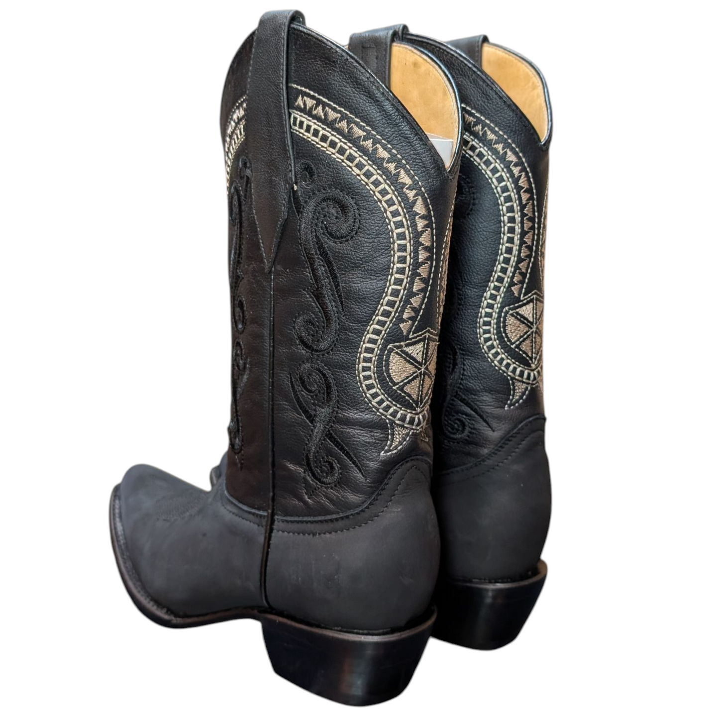 Women's Cowboy Boots (0083) - 13" Black Leather w/ Cream Western Stitching and Snip Toe
