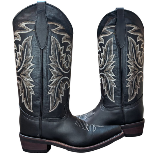 Women's Cowboy Boots (0082) - 14.5" Black Leather Pointy Toe w/ Western Stitching