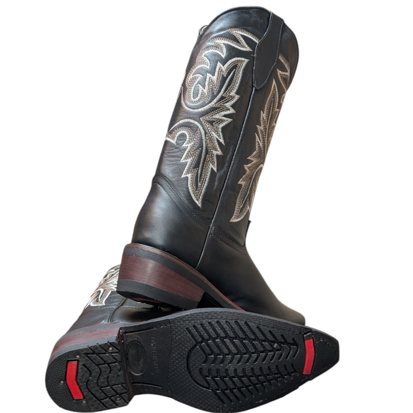 Women's Cowboy Boots (0082) - 14.5" Black Leather Pointy Toe w/ Western Stitching