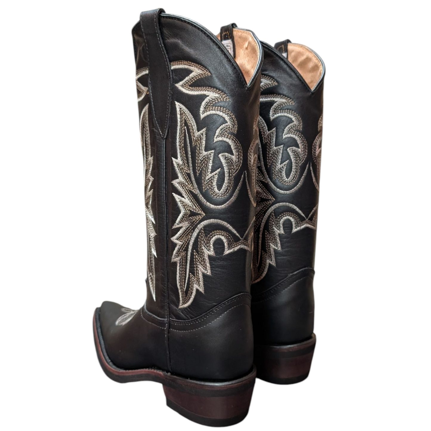 Women's Cowboy Boots (0082) - 14.5" Black Leather Pointy Toe w/ Western Stitching