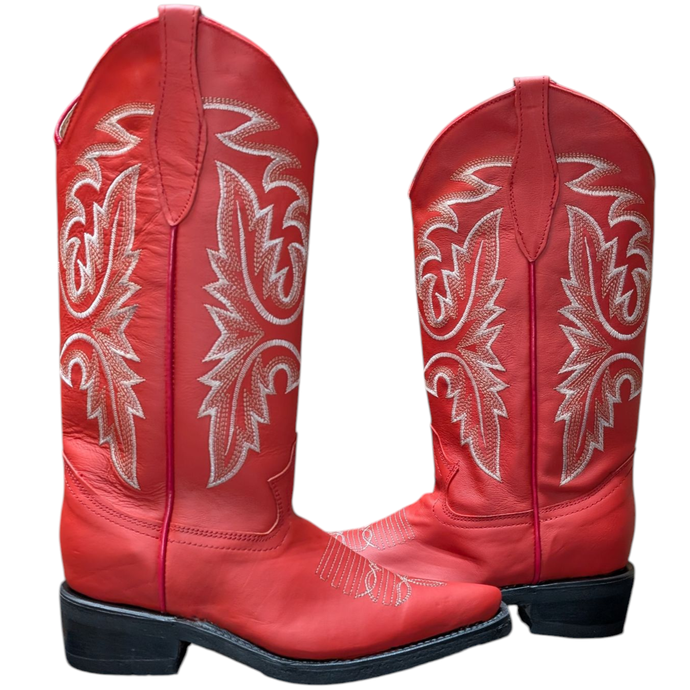 Women's Cowboy Boots (0084) - 14.5" Matte Red Leather Pointy Toe w/ Western Stitching