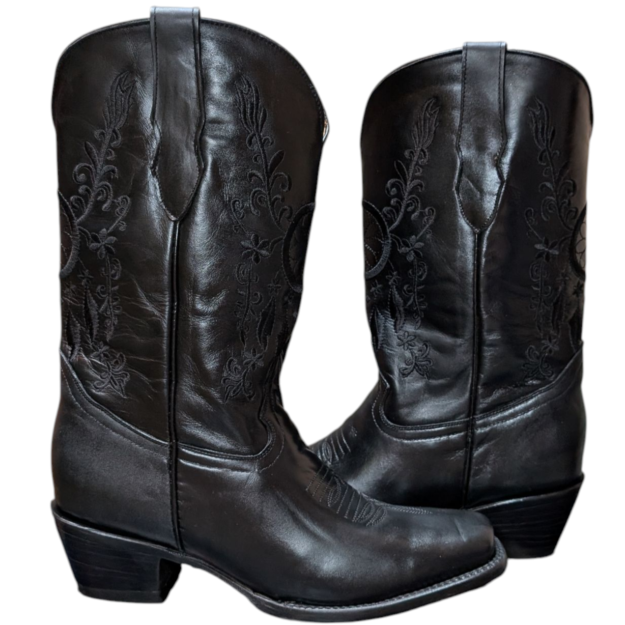 Women's Cowboy Boots (0085) - 14" Wide Calf Black Leather w/ Square Toe