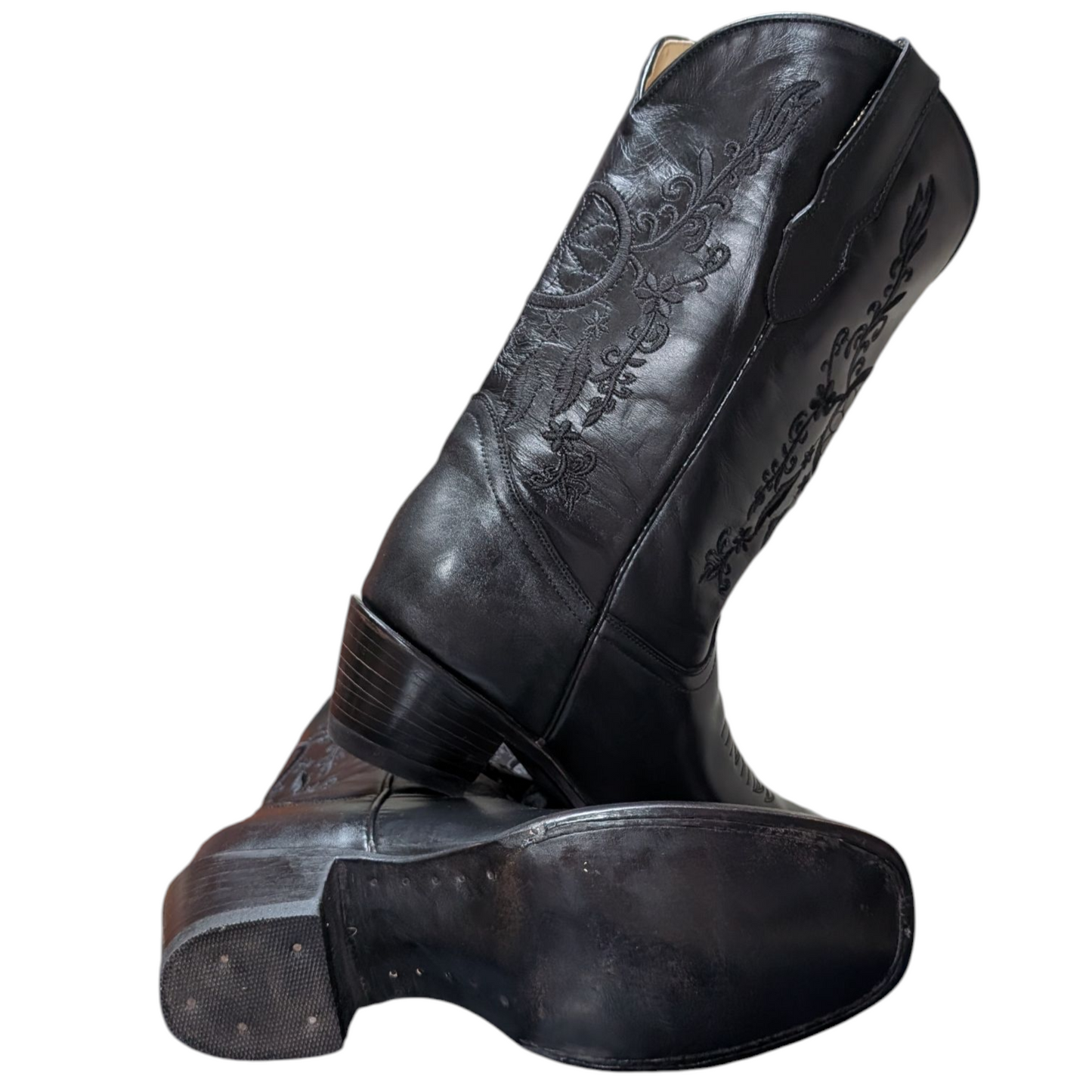 Women's Cowboy Boots (0085) - 14" Wide Calf Black Leather w/ Square Toe