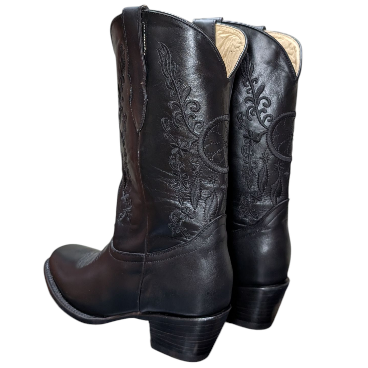 Women's Cowboy Boots (0085) - 14" Wide Calf Black Leather w/ Square Toe