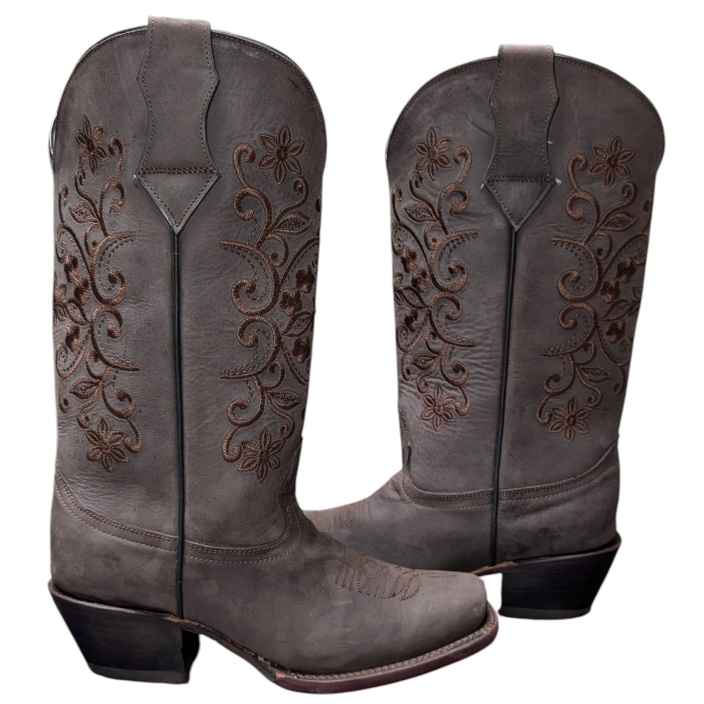 Women's Cowboy Boots (0086) - 14" Wide Calf Rustic Brown Leather w/ Square Toe