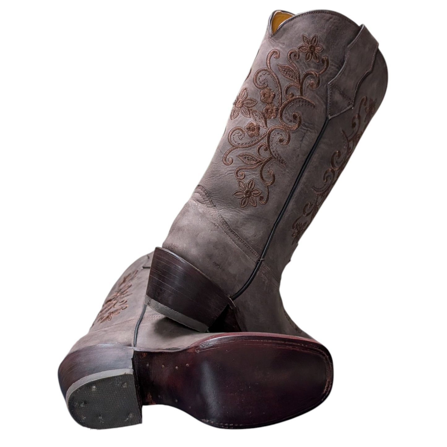 Women's Cowboy Boots (0086) - 14" Wide Calf Rustic Brown Leather w/ Square Toe