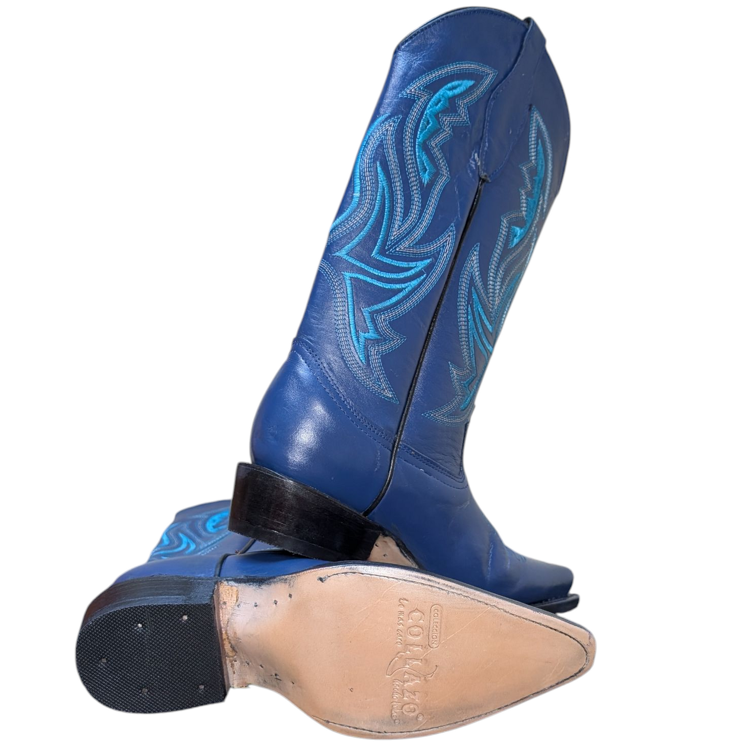 Women's Cowboy Boots (0087) - 14" Blue Leather Boot w/ Pointy Toe