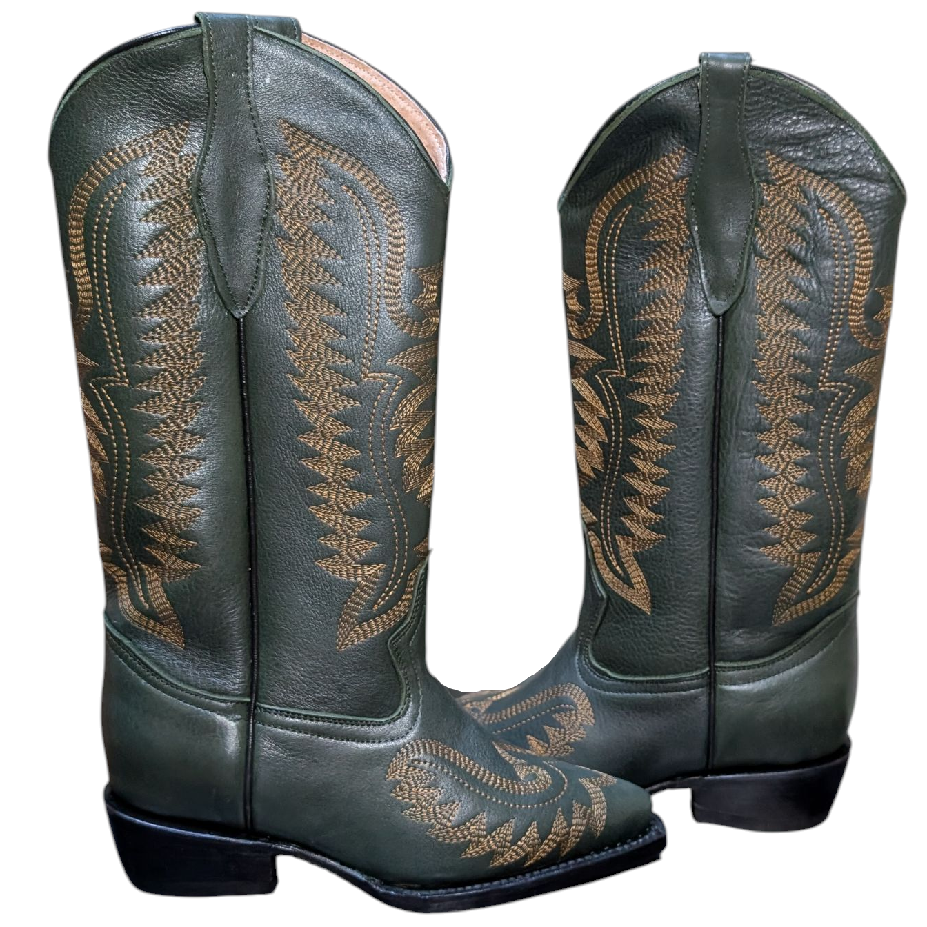 Women's Cowboy Boots (0088) - 14" Dark Green leather w/ Round Toe