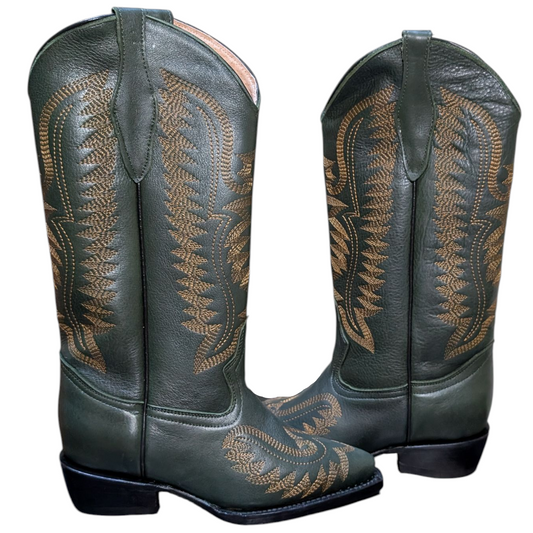 Women's Cowboy Boots (0088) - 14" Dark Green leather w/ Round Toe