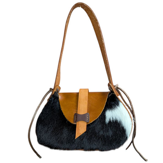 Handmade Leather Bag (0021) - Black & Tan Leather w/ Cowhide