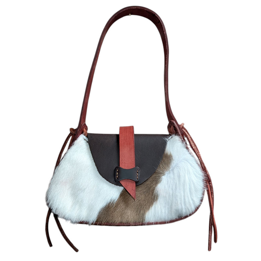 Handmade Leather Bag (0020) - Black & Red Leather w/ Cowhide