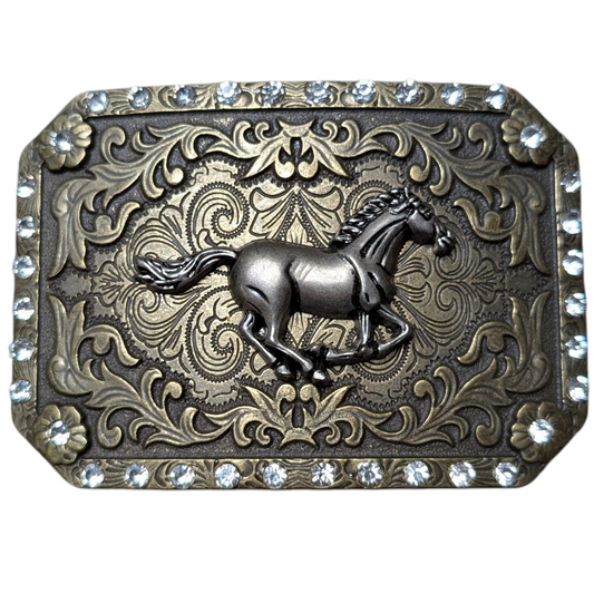 Western Buckle (0044) - Bronze w/ Galloping Horse and Rhinestones